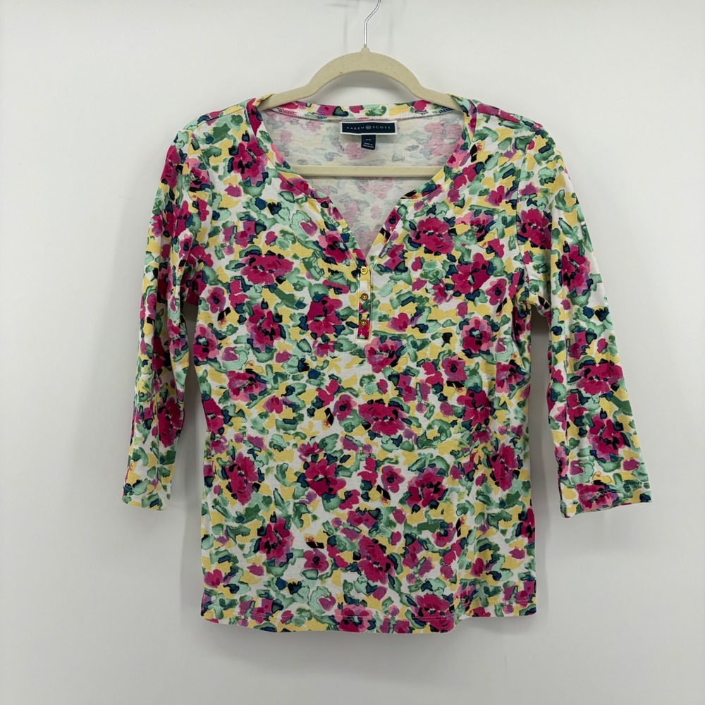 Karen Scott Womens Multicolor Floral Print 3/4 Sleeve Henley Top Size Petite S - Picture 1 of 6